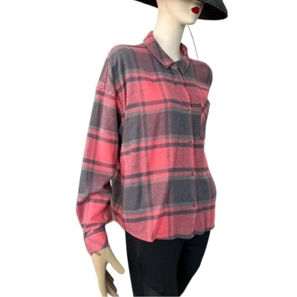 Pink Rose Women's Plaid Boyfriend Shirt L Red Grey Black Buffalo Check Cotton VG - Picture 6 of 10